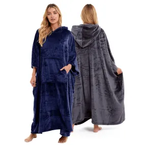 Women's Super Soft Oversized Hooded Poncho Blanket Navy Charcoal Flannel Fleece Cozy Loungewear Nightwear Warm Hoodie One Size Fits Most Adults by Daisy Dreamer