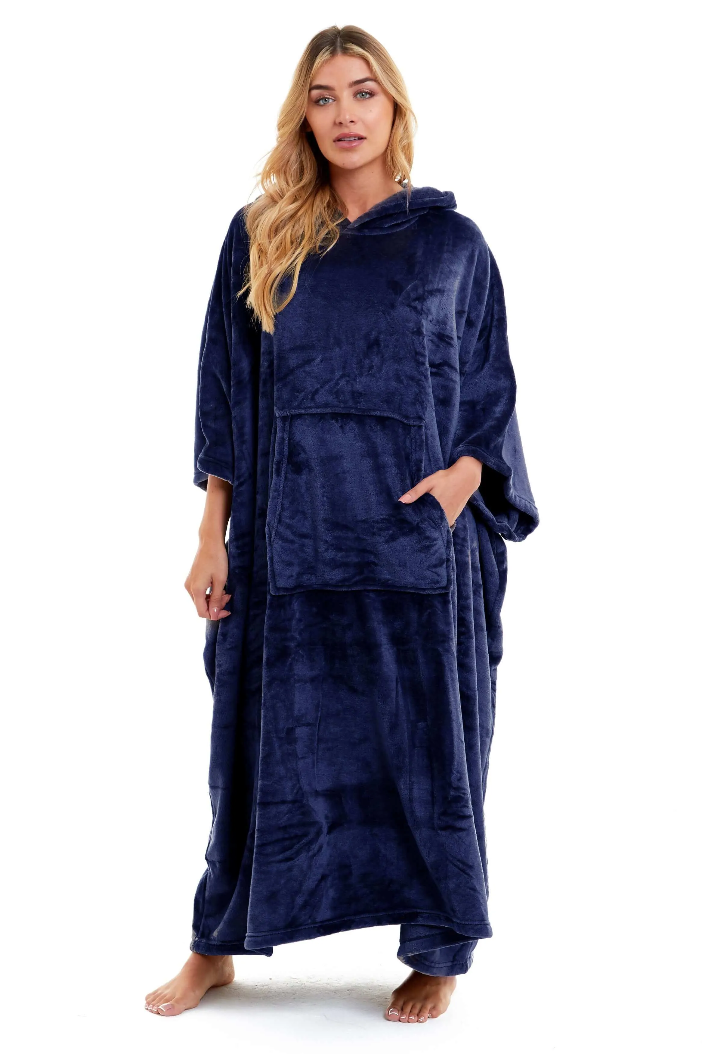Women's Super Soft Oversized Hooded Poncho Blanket Navy Charcoal Flannel Fleece Cozy Loungewear Nightwear Warm Hoodie One Size Fits Most Adults by Daisy Dreamer