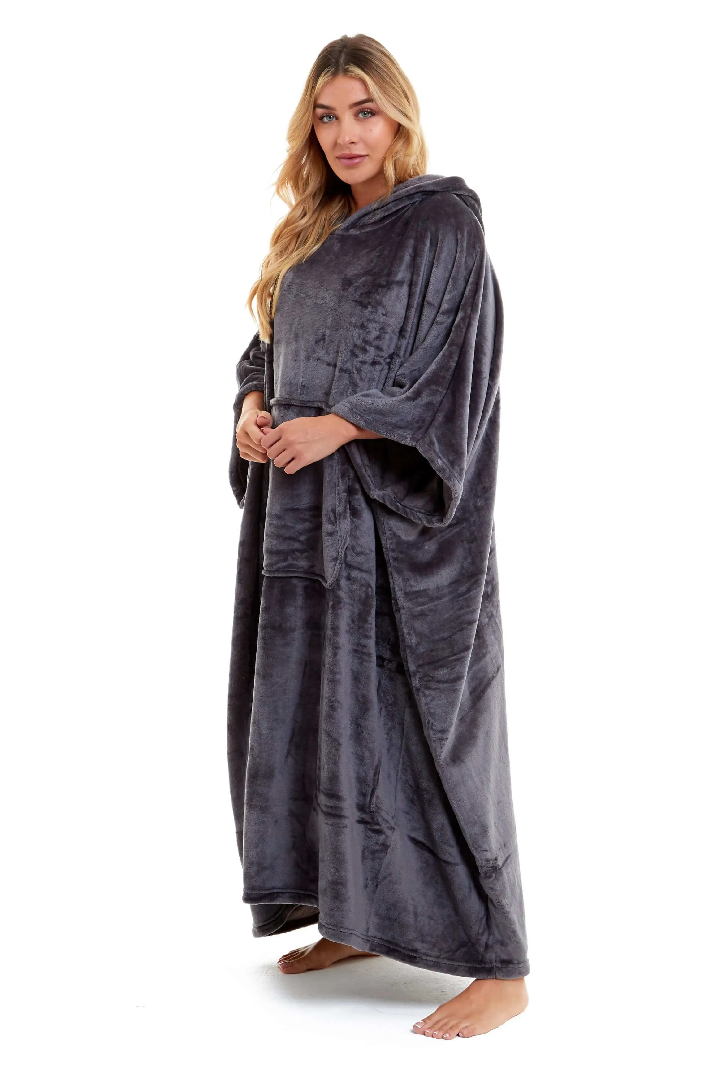 Women's Super Soft Oversized Hooded Poncho Blanket Navy Charcoal Flannel Fleece Cozy Loungewear Nightwear Warm Hoodie One Size Fits Most Adults by Daisy Dreamer