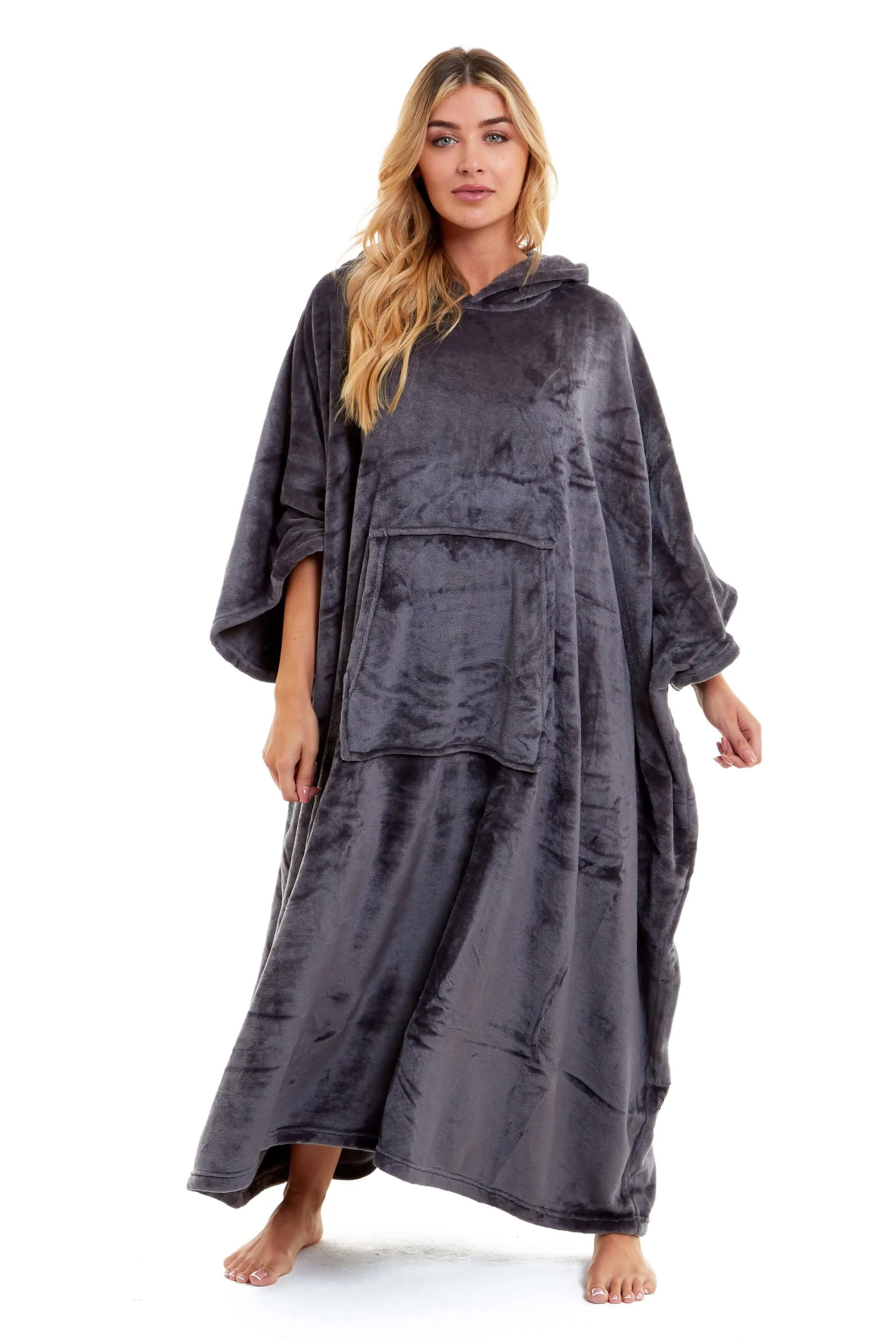 Women's Super Soft Oversized Hooded Poncho Blanket Navy Charcoal Flannel Fleece Cozy Loungewear Nightwear Warm Hoodie One Size Fits Most Adults by Daisy Dreamer