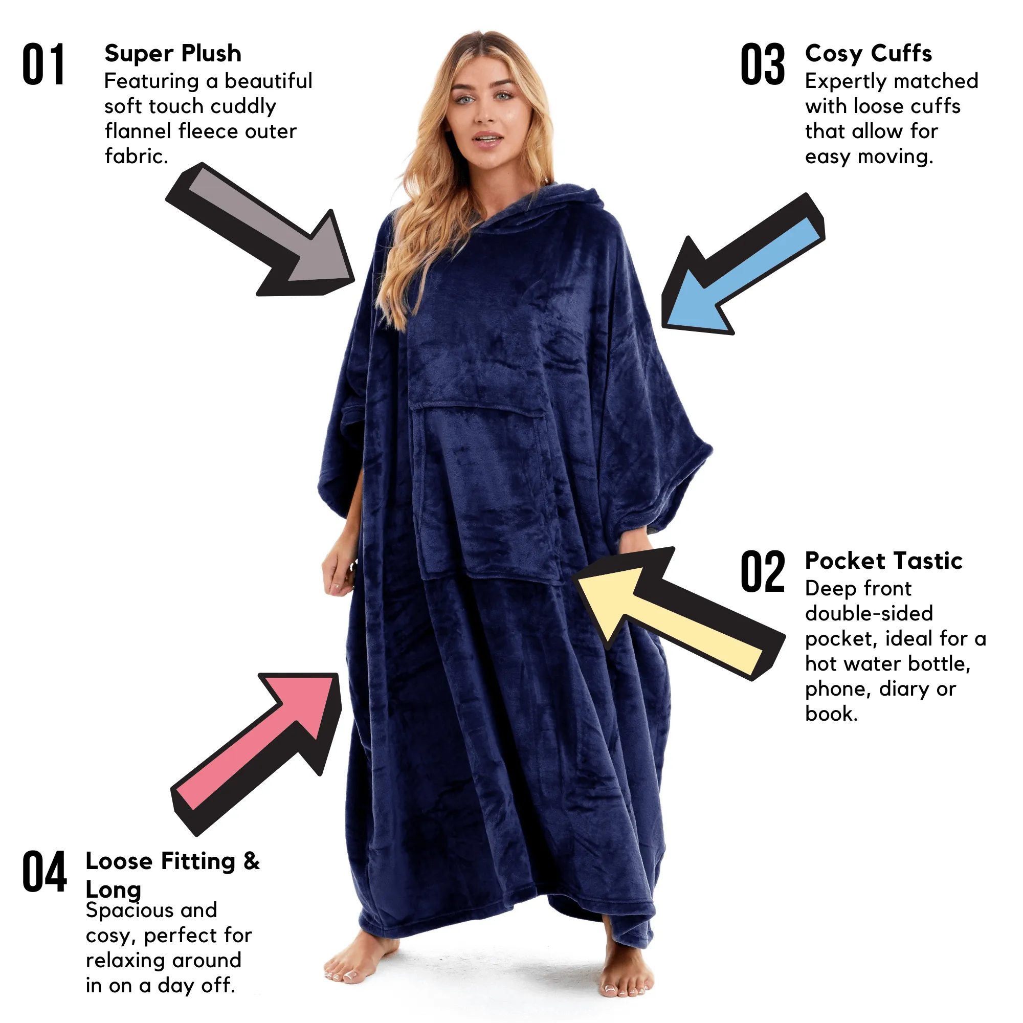 Women's Super Soft Oversized Hooded Poncho Blanket Navy Charcoal Flannel Fleece Cozy Loungewear Nightwear Warm Hoodie One Size Fits Most Adults by Daisy Dreamer