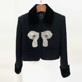 Women's winter coat woolen jacket With Bow knot studded bead short coat