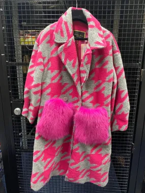 Wool Coat with Fox Fur Pockets in Fucsia Grey - AWL3996