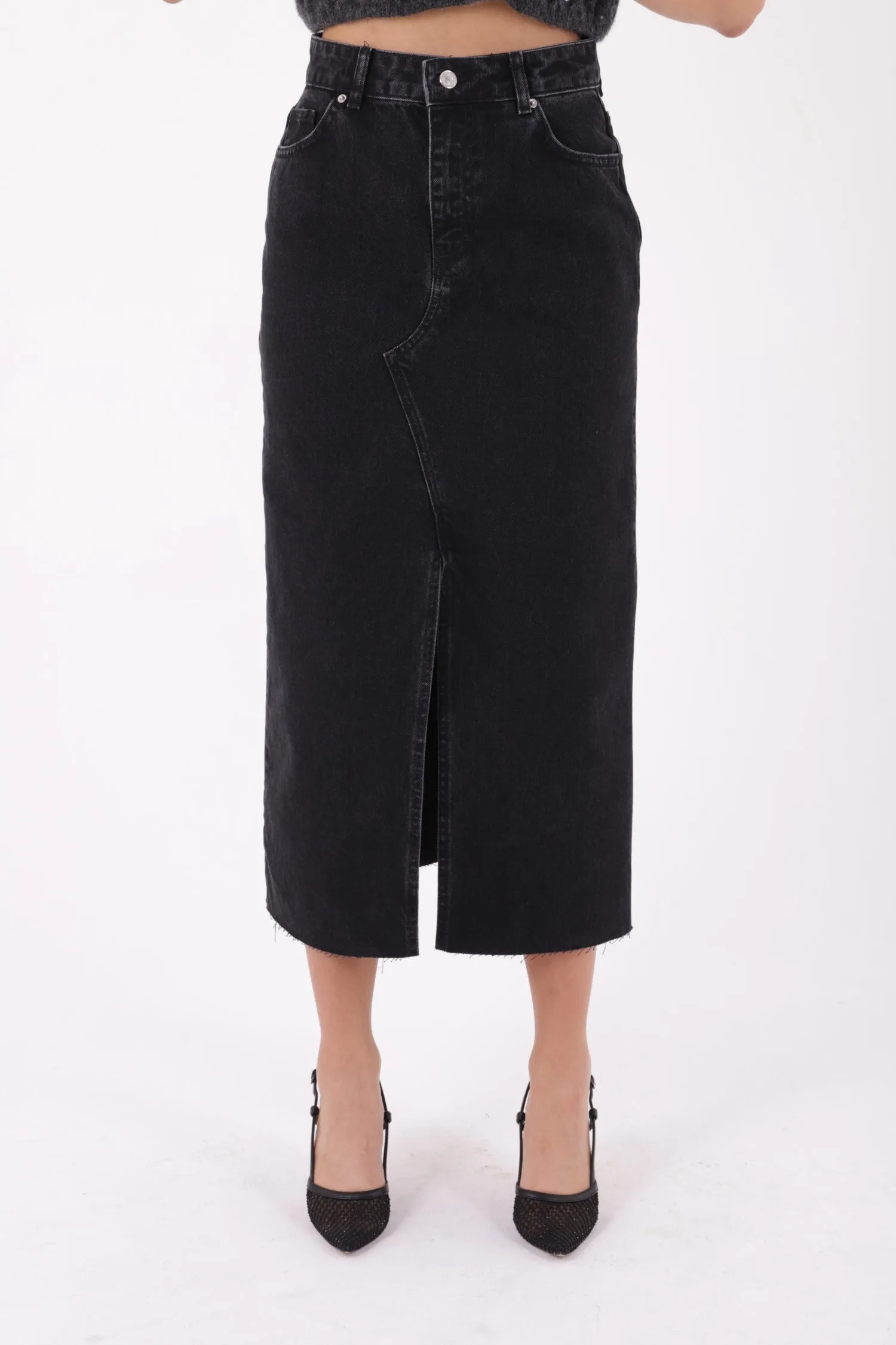XLJ Fringe Finish Denim Medium Skirt with Front Slit Mixed - Bielefeld