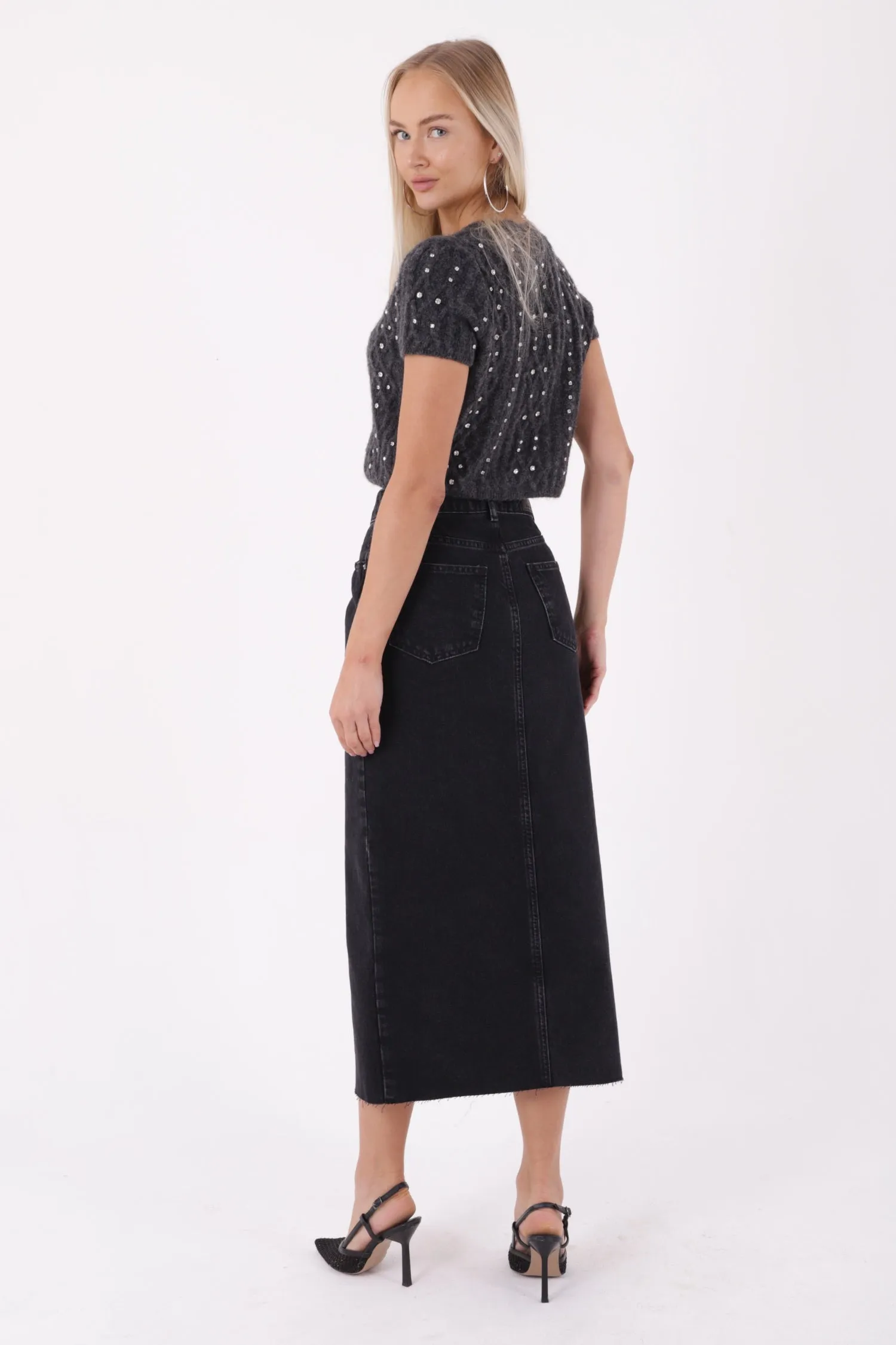 XLJ Fringe Finish Denim Medium Skirt with Front Slit Mixed - Bielefeld