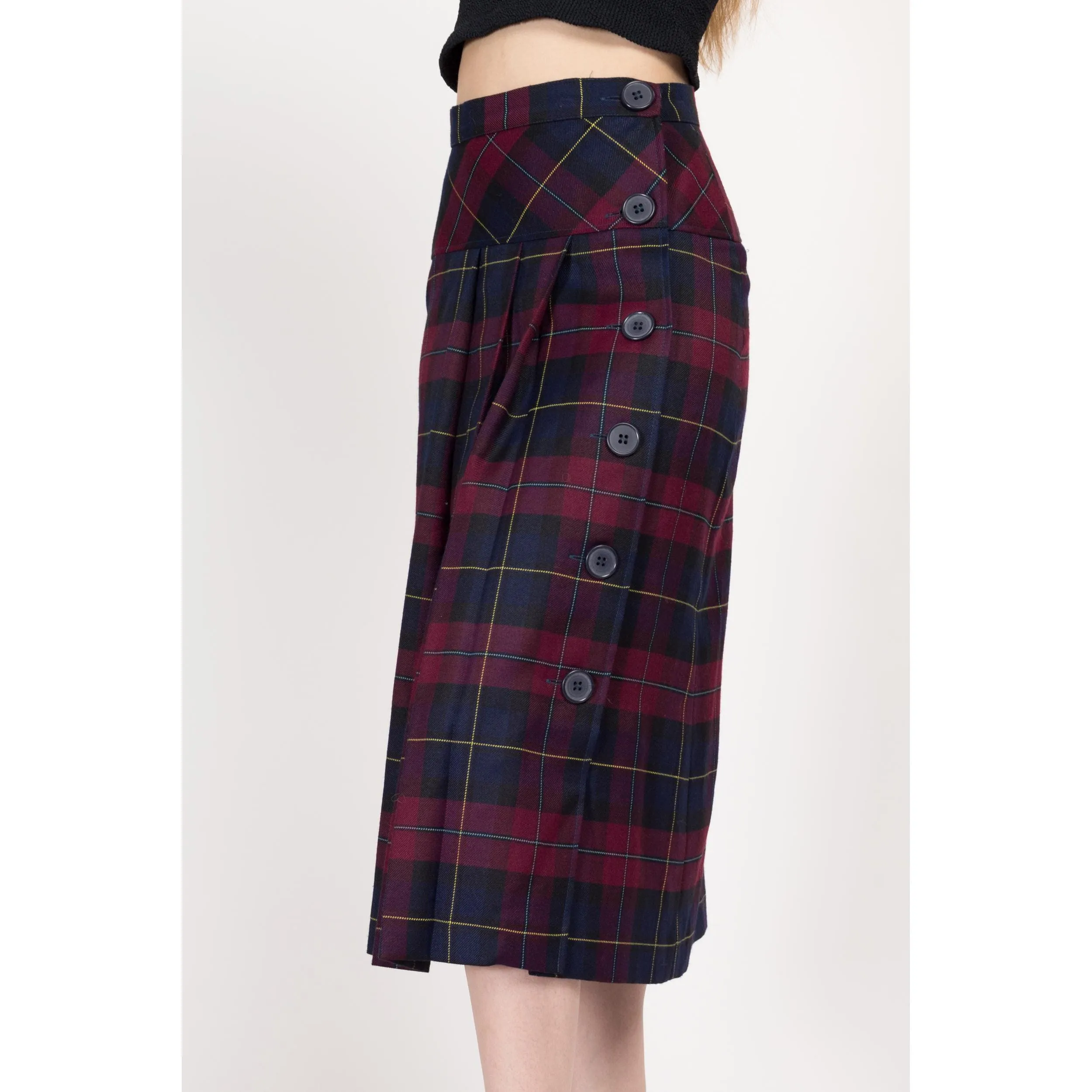 XS 90s Plaid Drop Waist Pleated Midi Skirt 25"