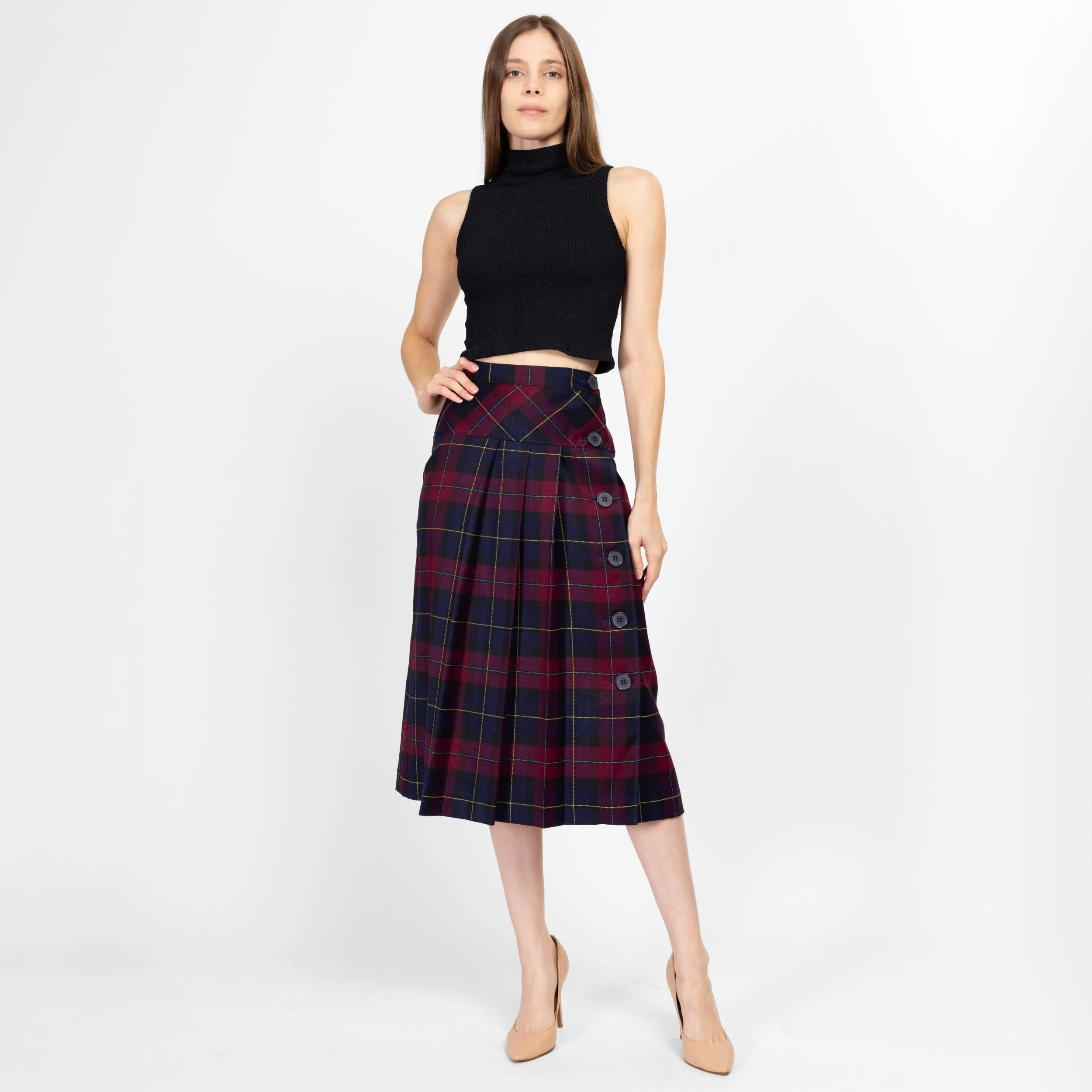 XS 90s Plaid Drop Waist Pleated Midi Skirt 25"