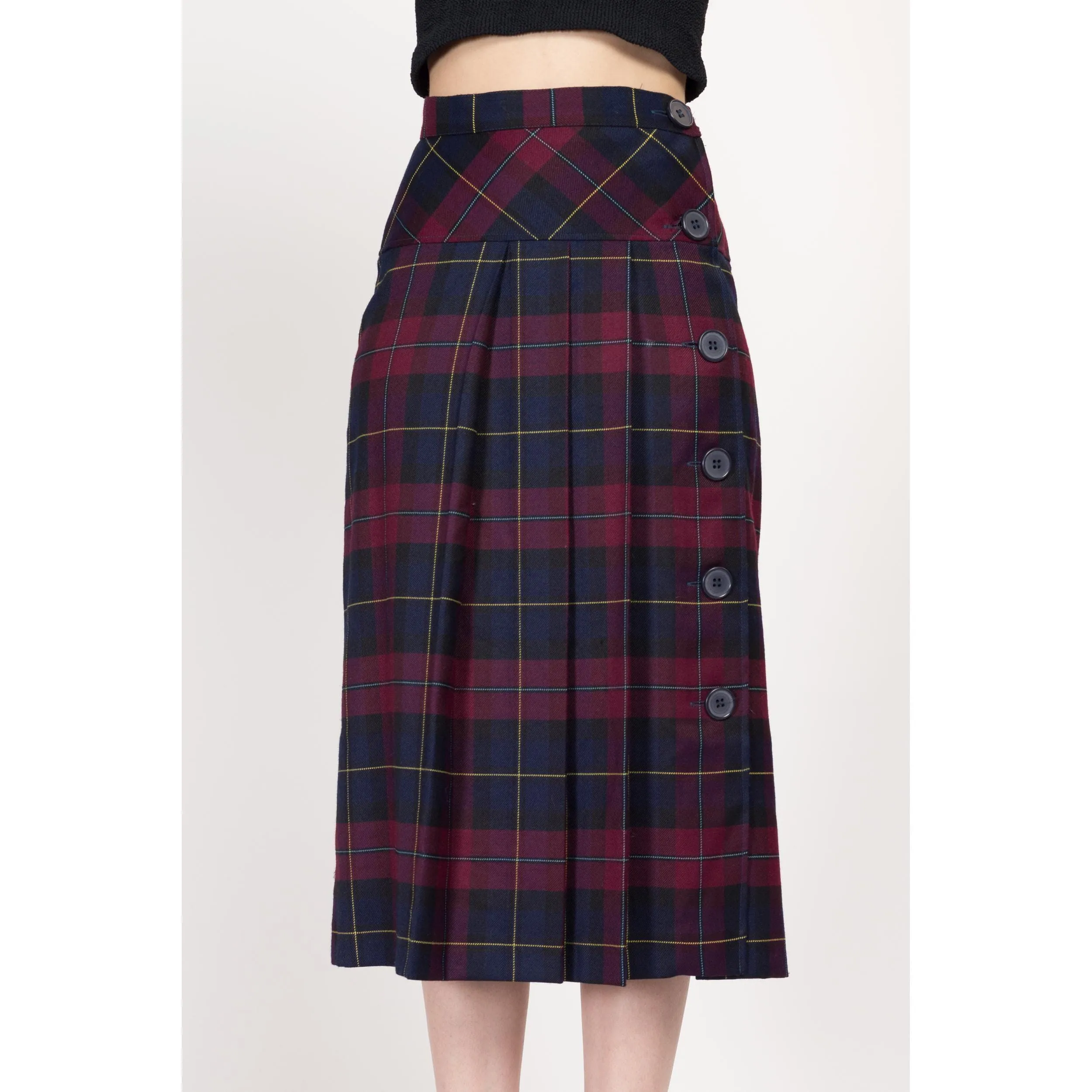 XS 90s Plaid Drop Waist Pleated Midi Skirt 25"