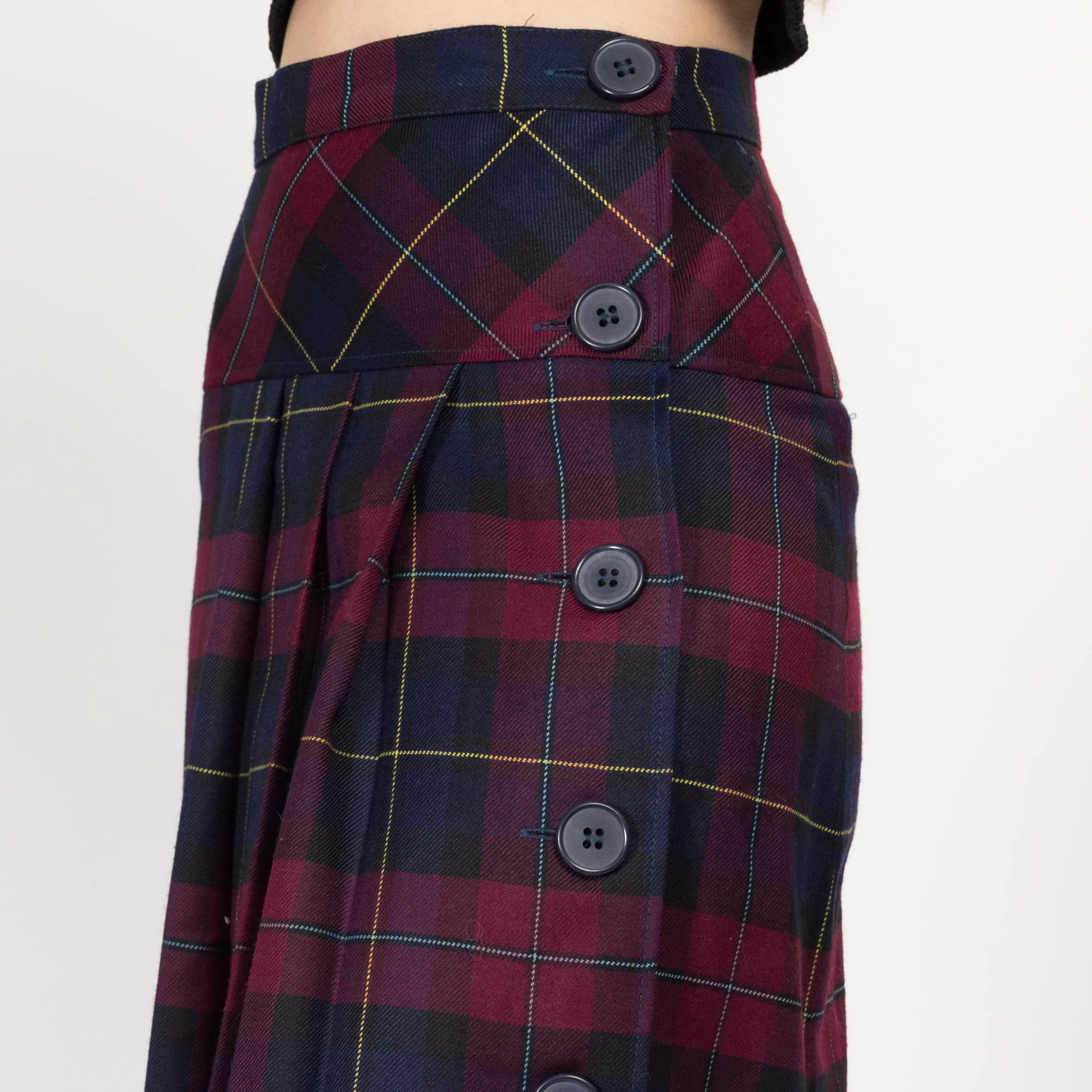XS 90s Plaid Drop Waist Pleated Midi Skirt 25"