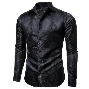 YourTies Black Long Sleeve Top Dark Grey Floral Men's Silk Dress Shirt